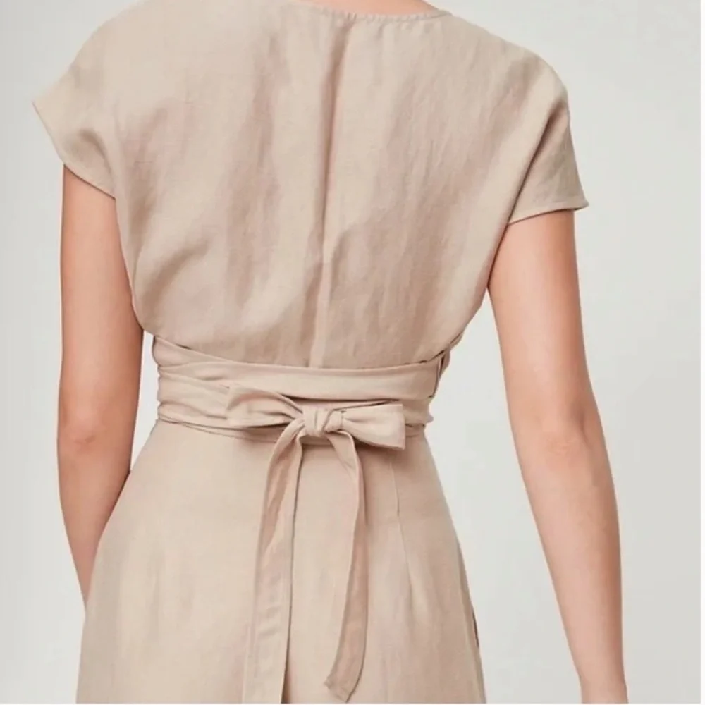 Aritzia Wilfred Linen Blend Beige Cut Open Front Wrap V Neck Jumpsuit